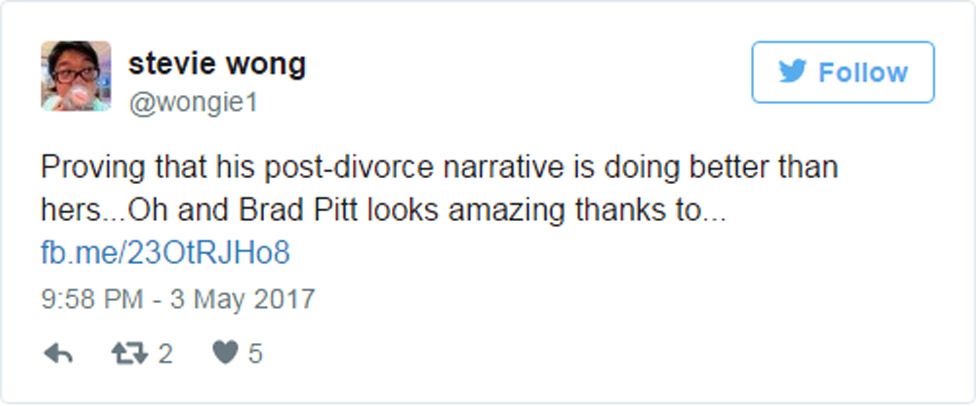 Tweet: "Proving that his post-divorce narrative is doing better than hers... Oh and Brad Pitt looks amazing thanks to..."