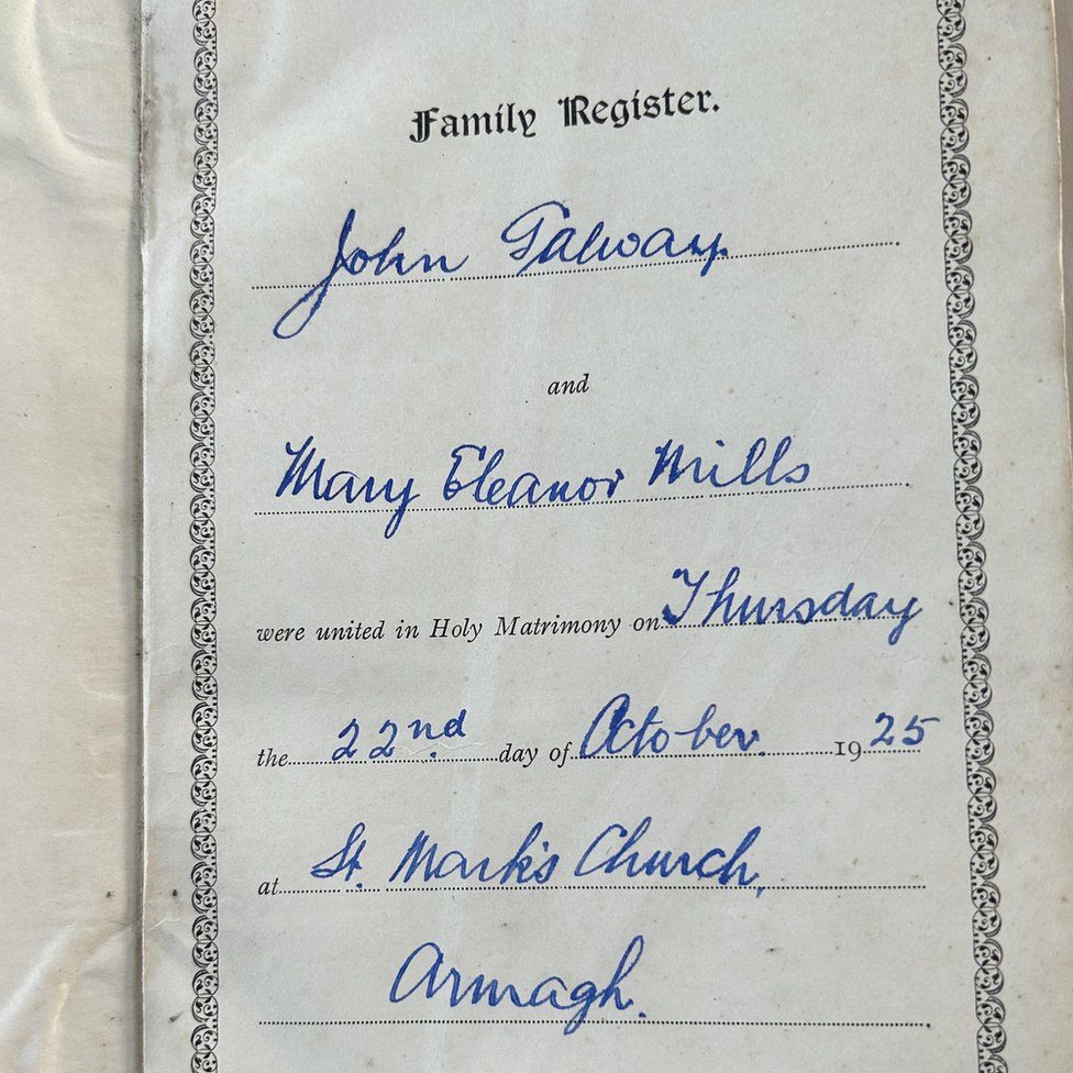Bible noting marriage of John Galway and Mary Eleanor Mills