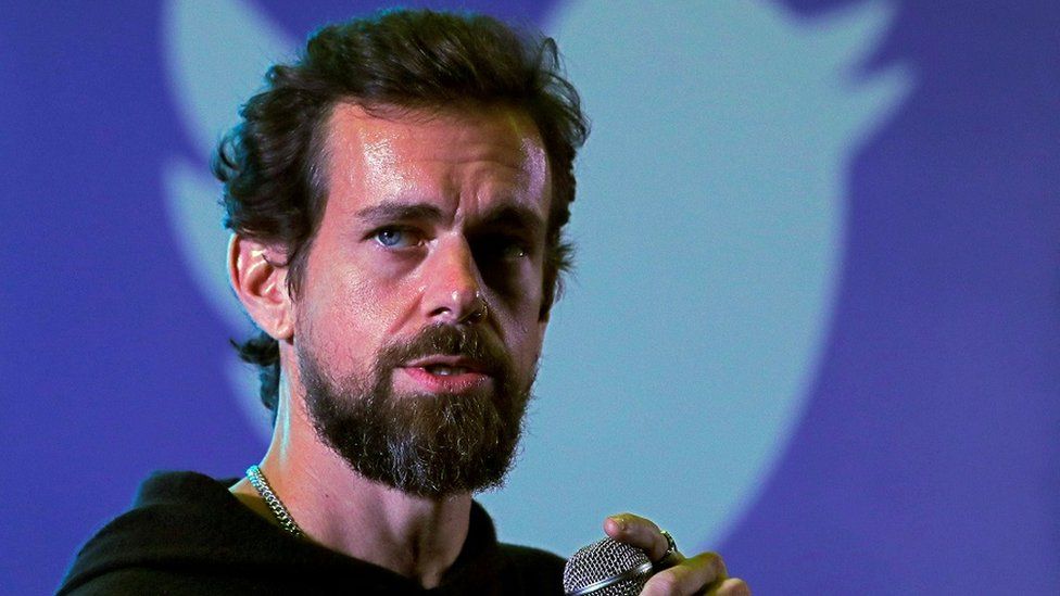 Twitter co-founder Jack Dorsey gives a speech while CEO