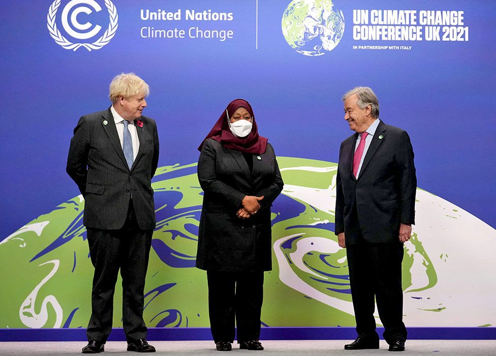 Prime Minister Boris Johnson (left), United Nations (UN) Secretary General Antonio Guterres (right) and Tanzania's President Samia Suluhu Hassan as they arrive to attend the COP26 UN Climate Change Conference in Glasgow, Scotland on 1 November 2021