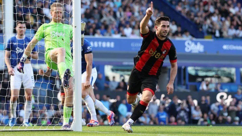 Lewis Cook, of AFC Bournemouth, celebrates scoring his team's second goal during the Premier League match between Everton FC and AFC Bournemouth at Goodison Park on August 31, 2024 in Liverpool, England.