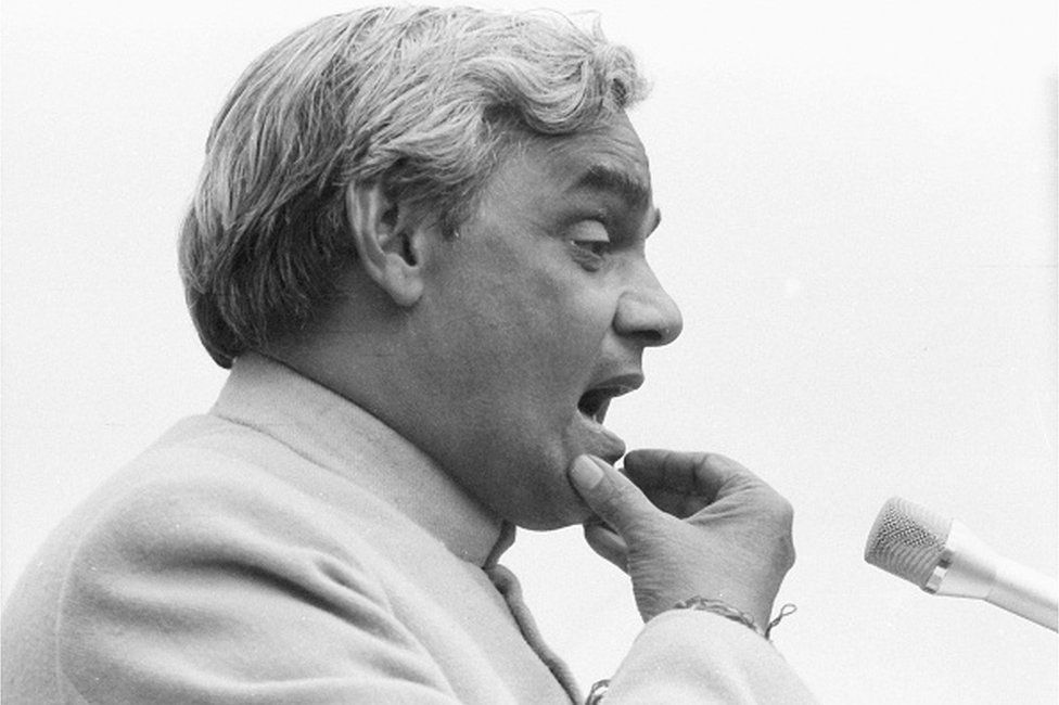 Bhartiya Janata party leader Atal Bihari Vajpayee addressing large crowds in New Delhi during campaigning in December 1979.
