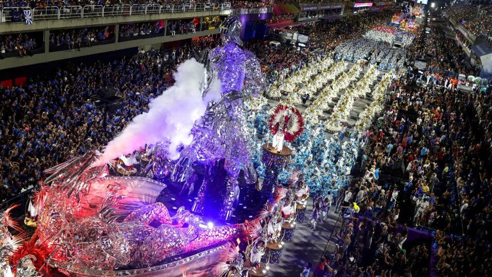 Revellers from Vila Isabel samba school perform during the second night of the carnival parade at the Sambadrome, in Rio de Janeiro, Brazil