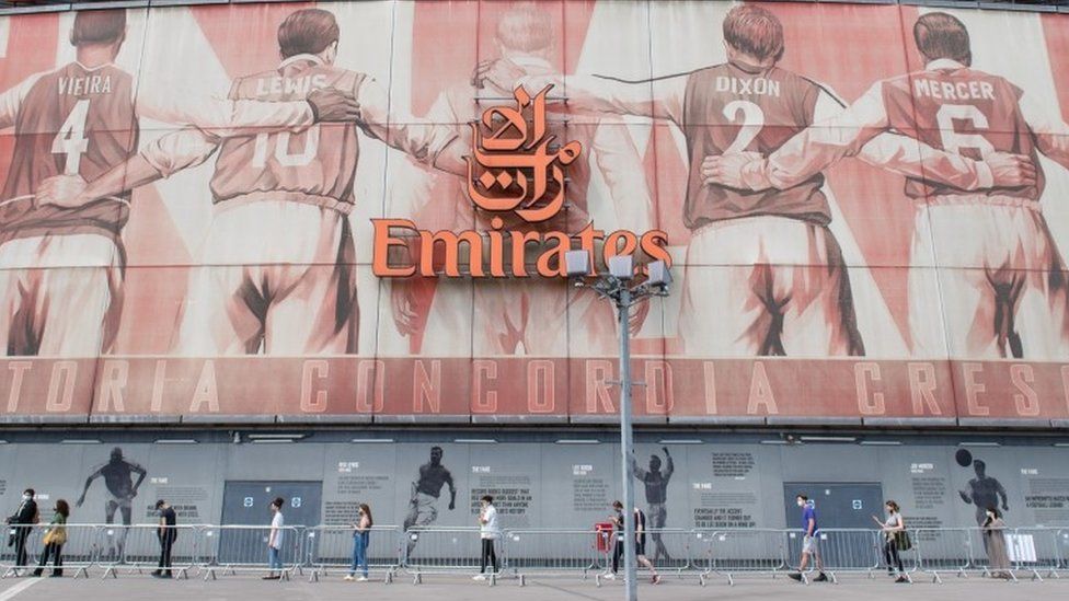 People queuing to have the vaccine at Arsenal's football stadium