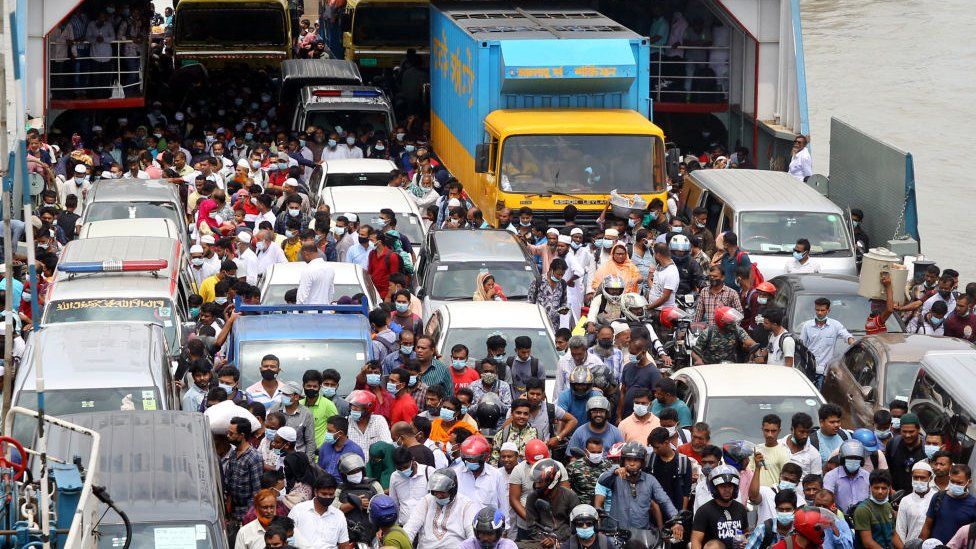Crowds of people at Dhaka's ferry ports
