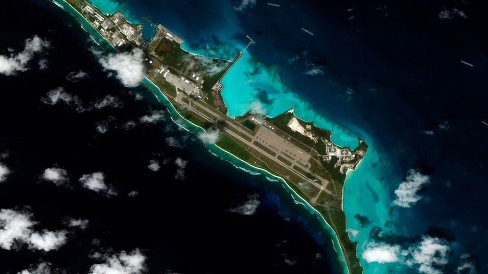 Satellite image of Diego Garcia, a 44-square-kilometre atoll of coral and sand in the Indian Ocean