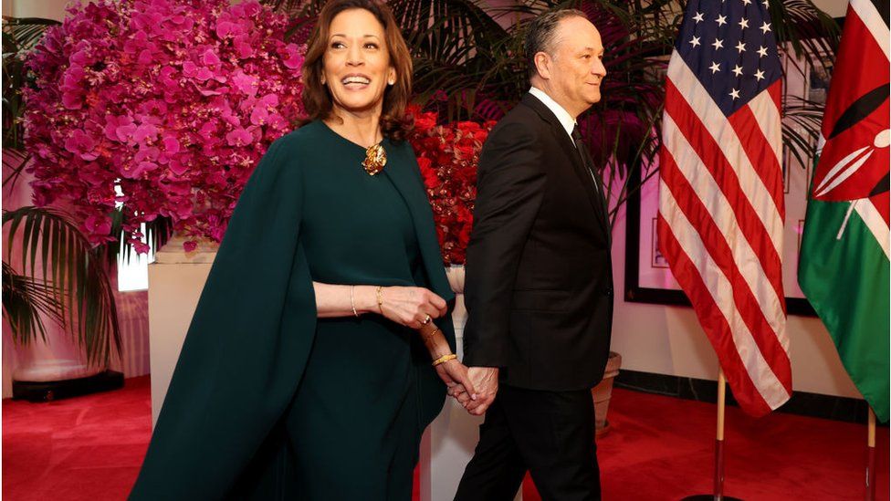 US Vice President Kamala Harris and second gentleman Douglas C. Emhoff arrive for the State Dinner at the White House on May 23, 2024 in Washington, DC