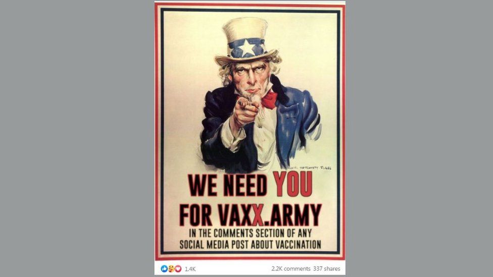 Pro-vaccination meme pastiche of Uncle Sam recruiting poster with the slogan "We need you for vaxx army in the comments section of any social media post about vaccination."