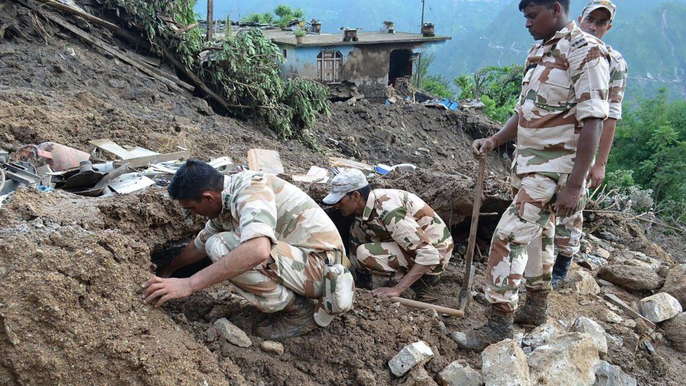 Indian soldiers search for survivors after landslide in Uttarakhand state - 2 July handout