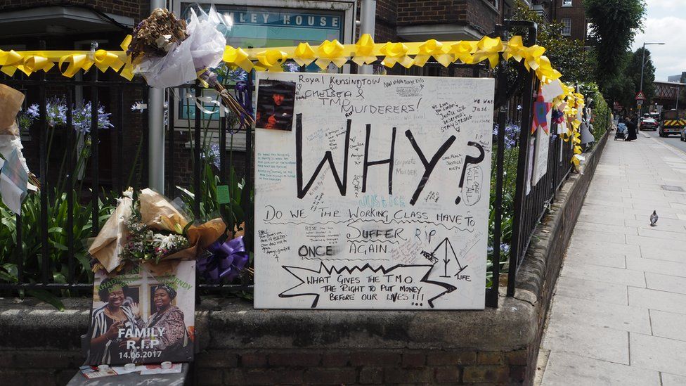 A poster asking 'Why?' near Grenfell Tower
