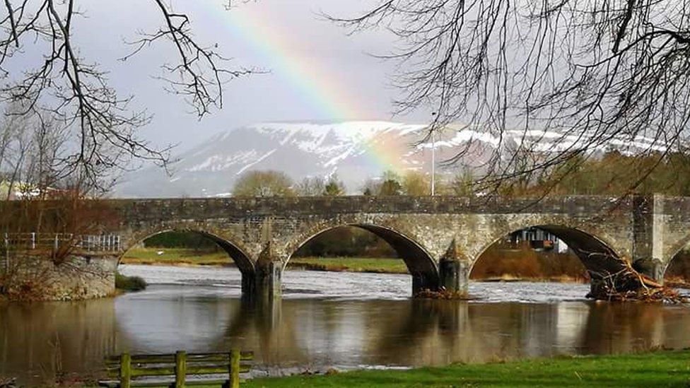This rainbow over the Wye Bridge at Builth Wells, Powys