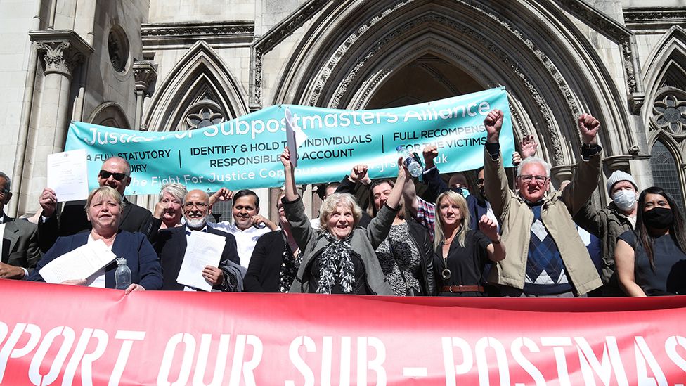 Sub-postmasters outside the Royal Courts of Justice in 2021, celebrating the quashing of their convictions