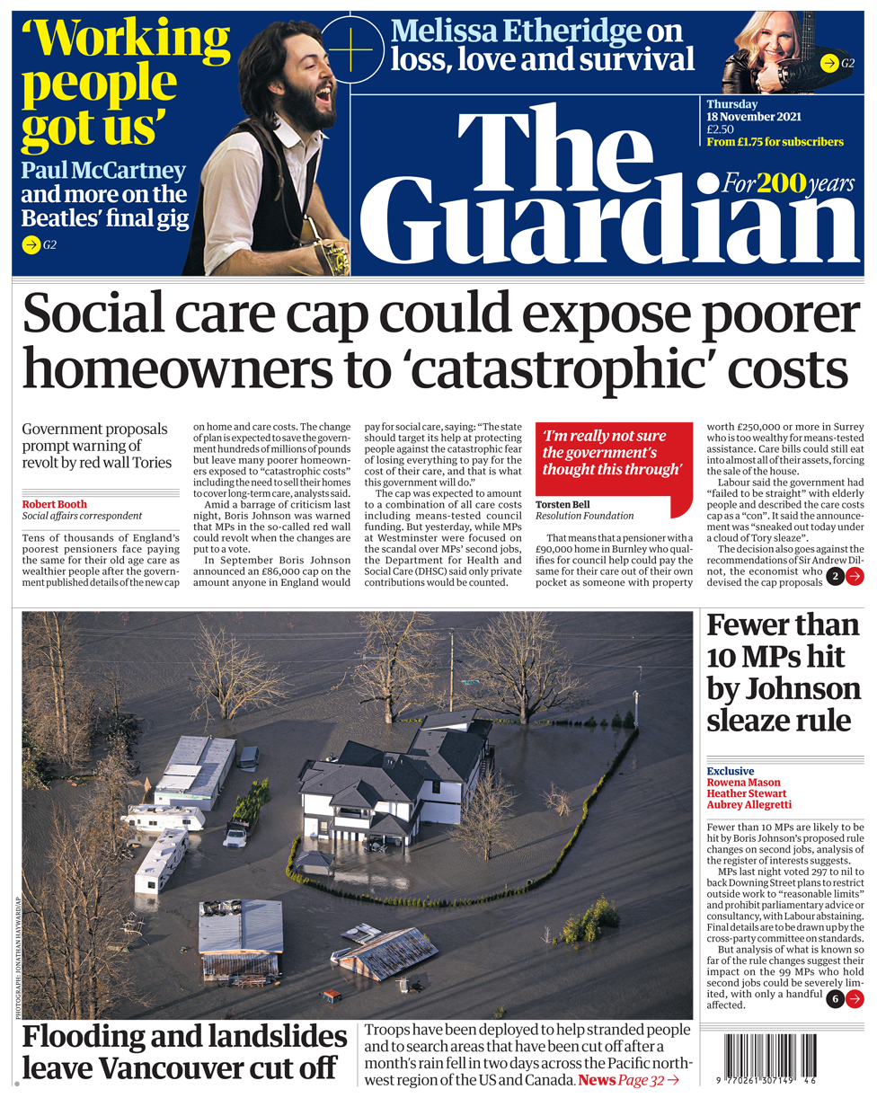 Front page of the Guardian