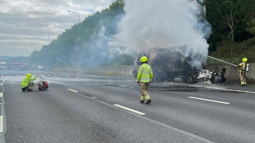 Bin lorry on fire on M25 hard-shoulder