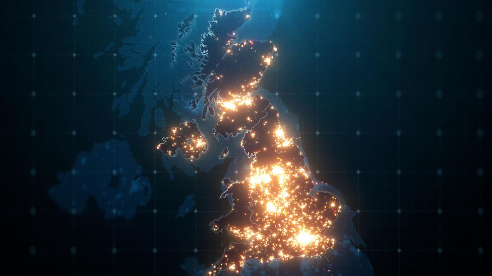 An illustration of areas in the UK that have lots of light pollution