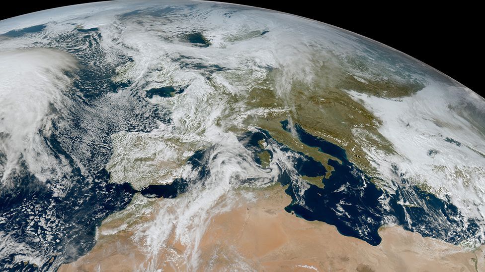 Clouds move across continental Europe and northern Africa