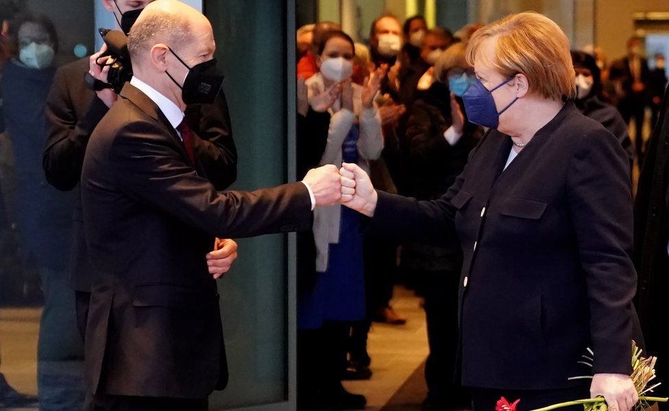 German Chancellor Olaf Scholz says goodbye to former German Chancellor Angela Merkel after the official handing over ceremony of the Chancellery in Berlin, Germany, 08 December 2021