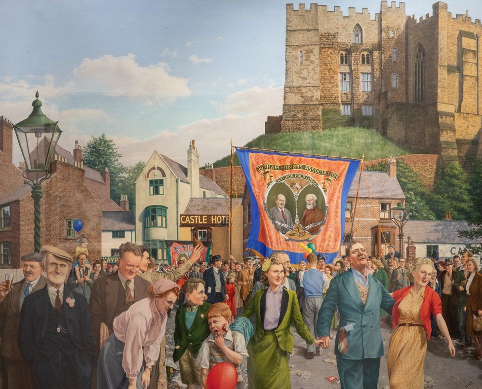 Painting of people on a bridge in Durham holding a banner with shops and the castle behind