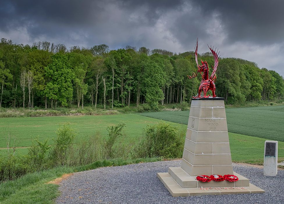 This Welsh dragon memorial overlooks the area where the 38th (Welsh) Division attacked Mametz Wood