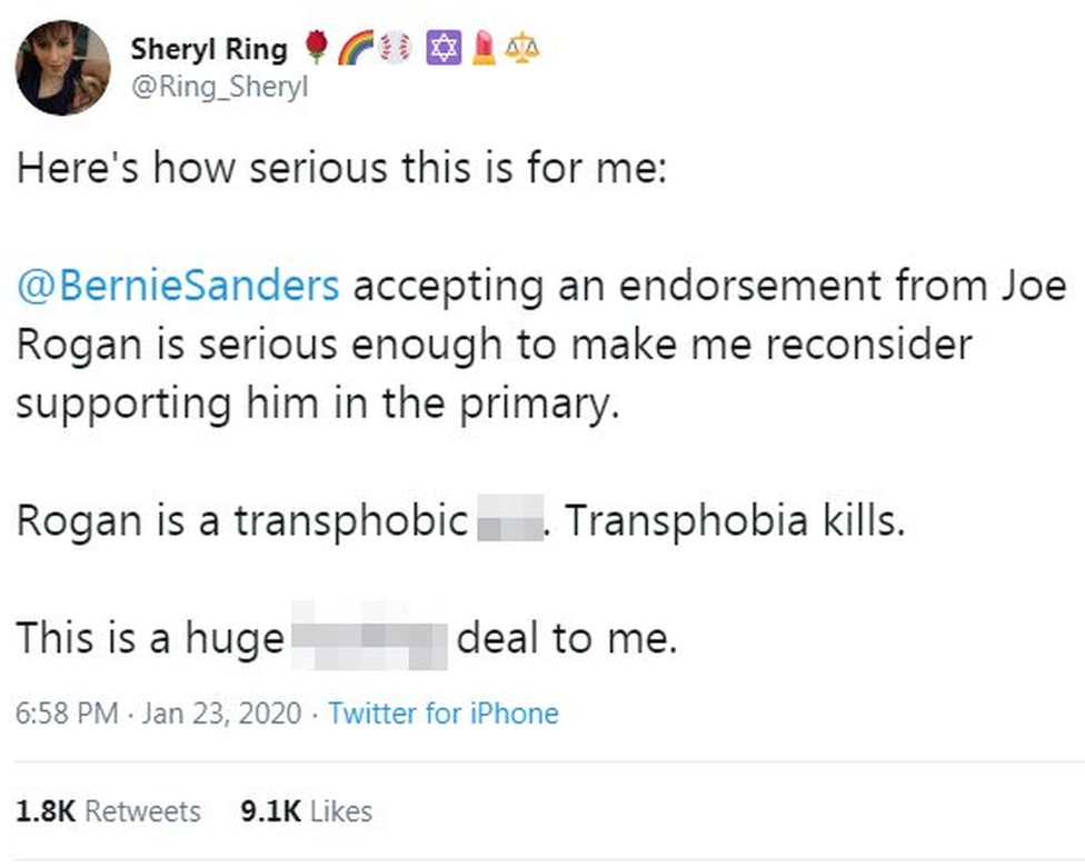 A tweet from a transgender person. It reads: Here's how serious this is for me: Bernie Sanders accepting an endorsement from Joe Rogan is serious enough to make me reconsider supporting him in the primary.