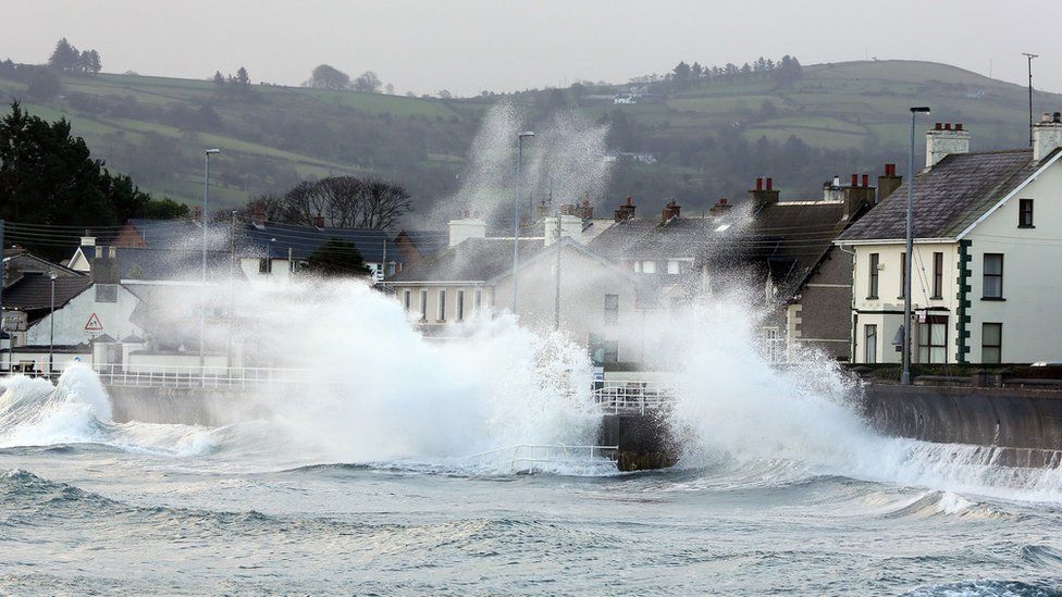 Big waves off the Antrim Coast hitting seawall