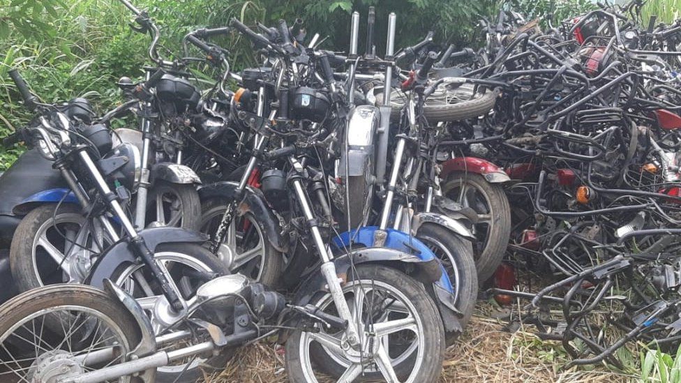 Motorcycle bikes piled up