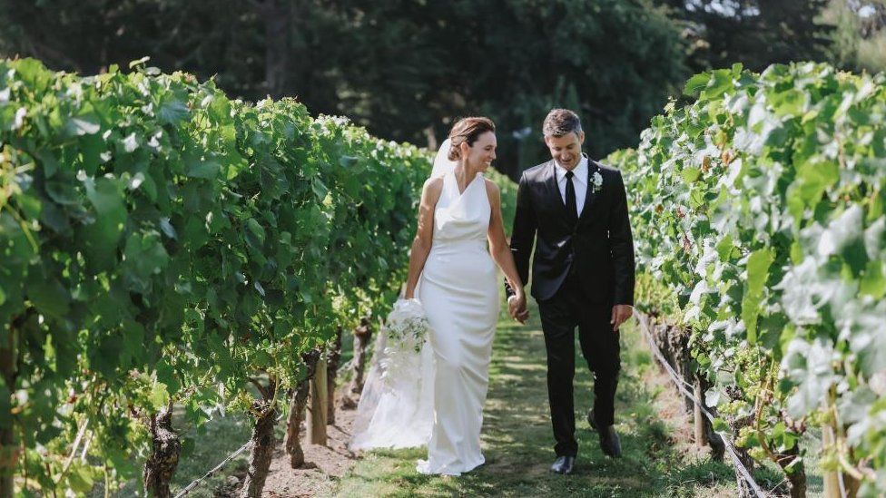 A handout photo made available by Felicity Jean Photography shows an official photo from the wedding of former New Zealand prime minister Jacinda Ardern and Clarke Gayford at Craggy Range Winery in Hawke's Bay, New Zealand, 13 January 2024.