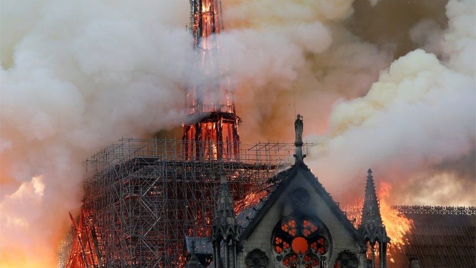 Notre-Dame Cathedral in Paris on fire in 2019