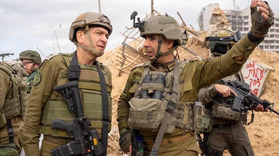 (File photo) Israel Defense Forces handout showing Major General Aharon Haliva (left) carrying out a situational assessment in Gaza City on 15 December 2023