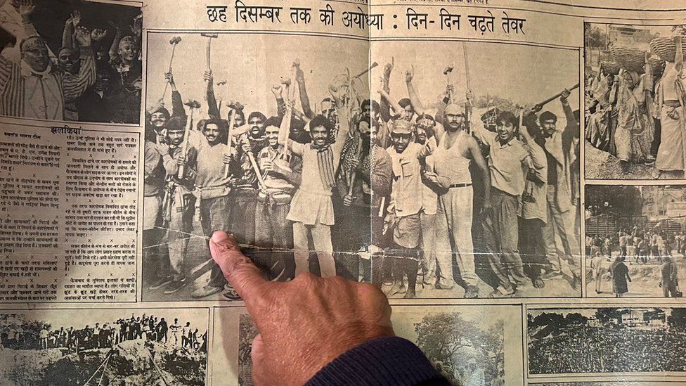 A newspaper clip of the Hindu men who pulled down the mosque