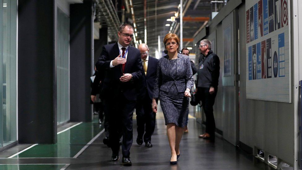Scotland"s First Minister Nicola Sturgeon visits the Rolls Royce plant at Inchinnan
