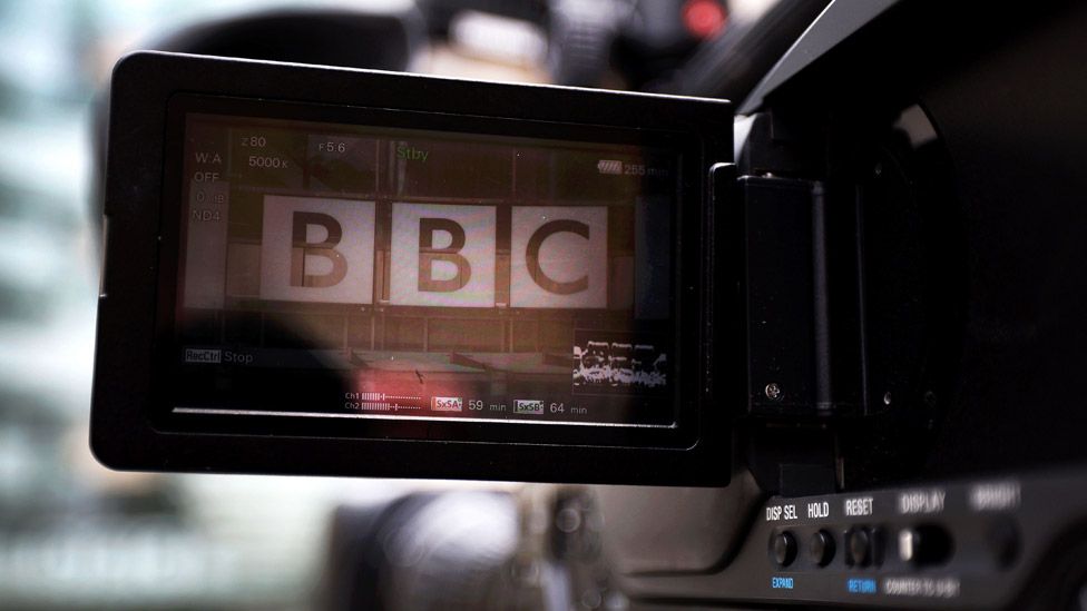 BBC logo seen in TV camera viewfinder outside BBC New Broadcasting House