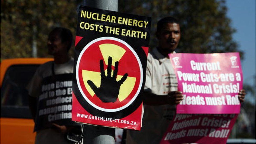 South African members of Earth Life demonstrate on April 23, 2008 outside one of South African state electricity company Eskom's main offices in Bellville, Cape Town, against the use of nuclear power and Eskom's proposed tariff hike