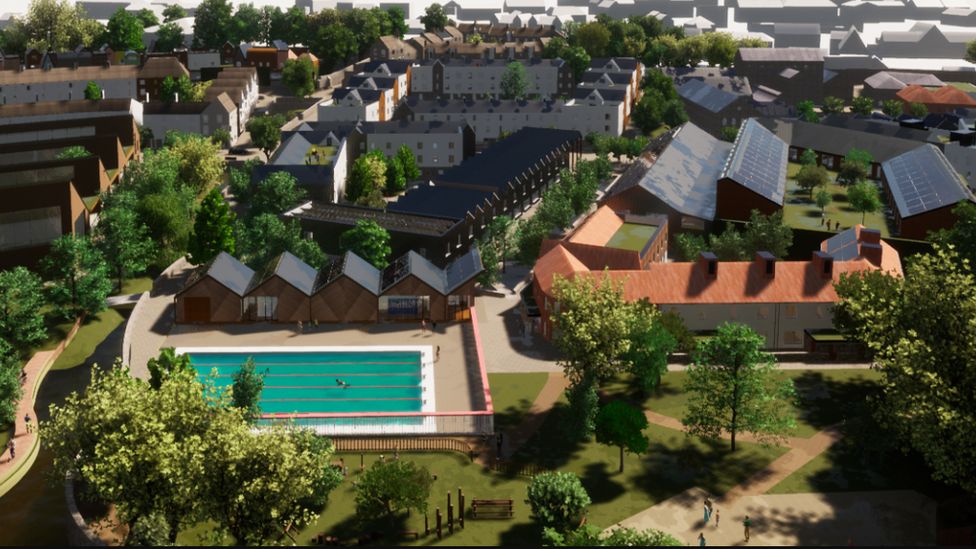 A digital impression of an outdoor swimming pool with some buildings and homes as put forward by Mayday Saxonvale