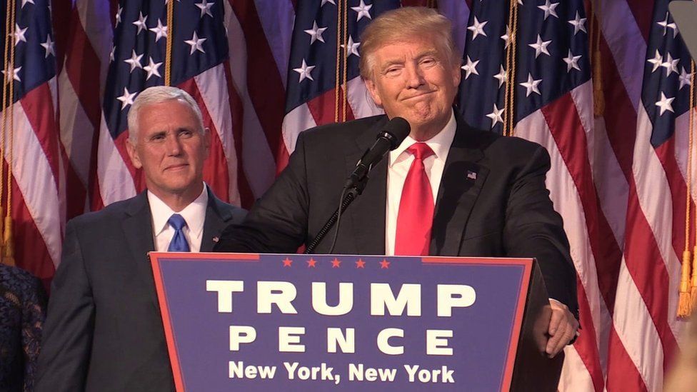 Donald Trump as he makes his acceptance speech in New York following his victory to become he 45th president of the United States.
