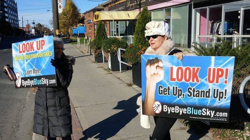 Suzanne Maher med Bye Bye Blue Sky anti-chemtrails plakat