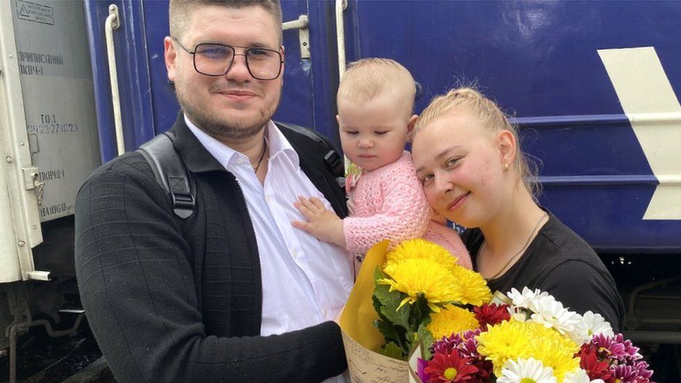 Viktoria is reunited with her husband Serhiy Makarov, at Pokrovsk station
