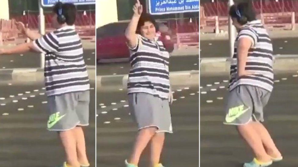 Three collaged screengrabs show a teen wearing a stripey shir tand sport shorts at variou sstages of doing the popular 'macarana' dance in a Saudi street