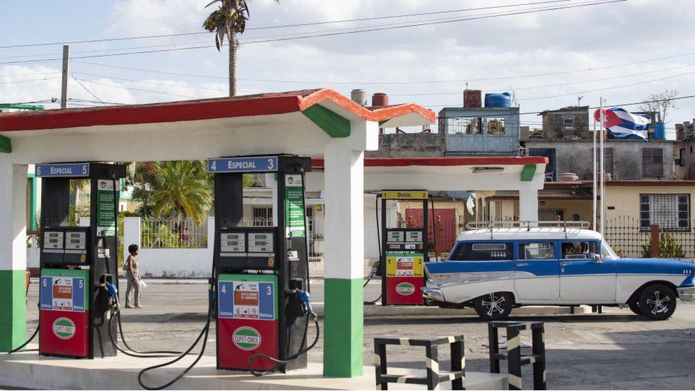 A vehicle fuels up at a gas station in Matanzas, Cuba