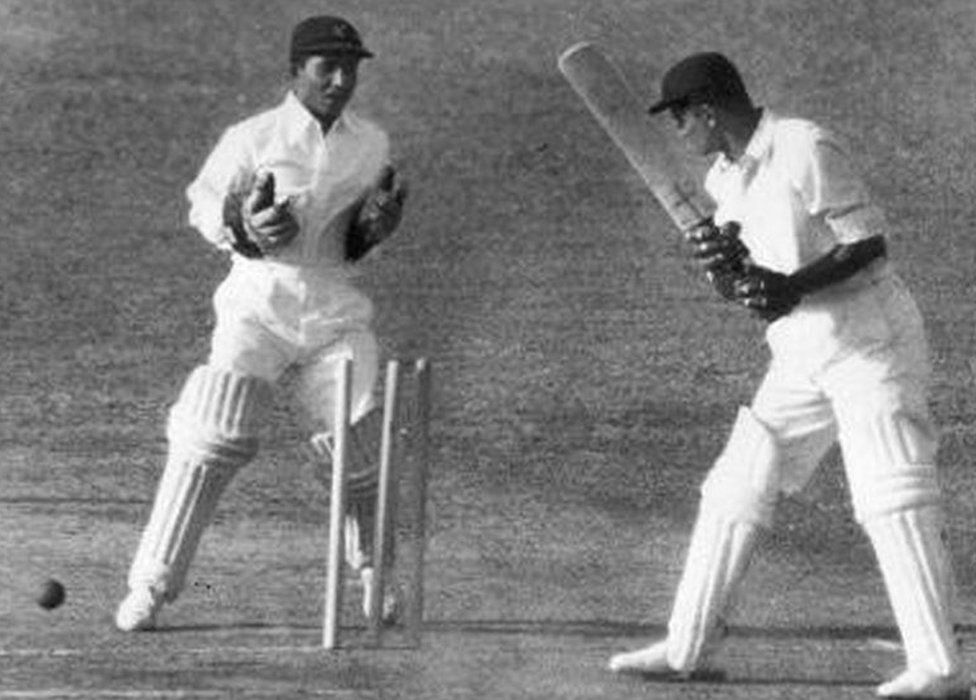 India batsman Vijay Hazare is bowled by Pakistan's Amir Eliah (1908 - 1980) during the Test Match in New Delhi. (