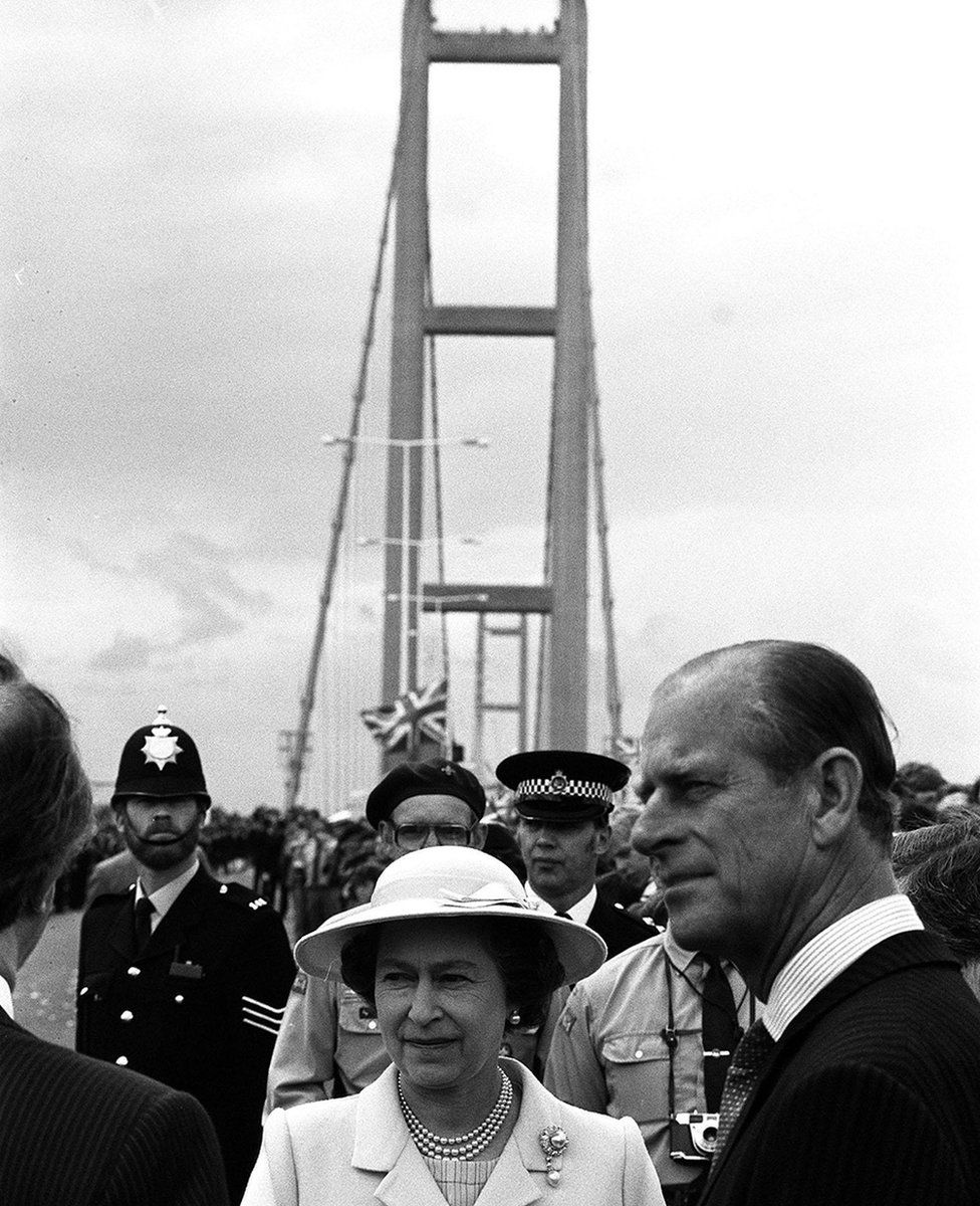 The Queen and Duke in front of the Humber Bridge