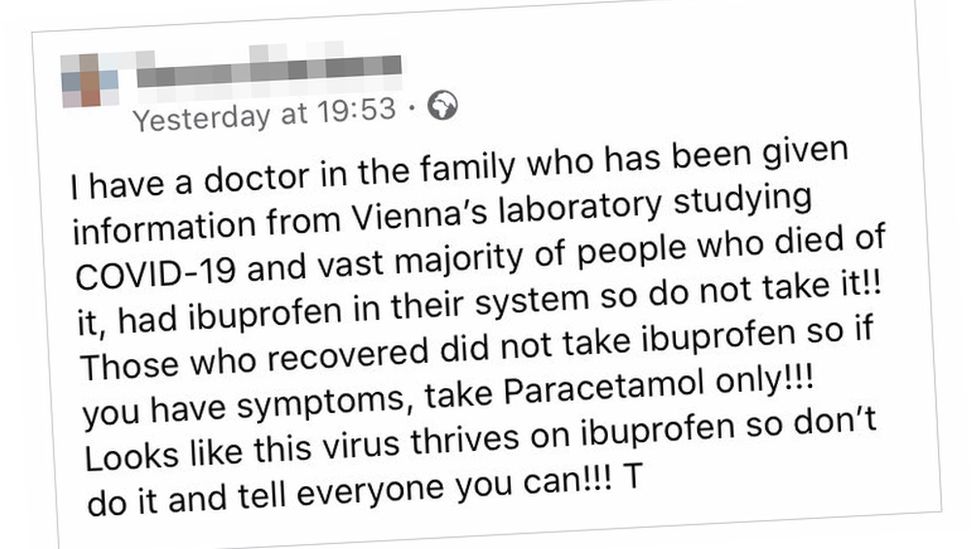 Screengrab from Facebook of a viral message about coronavirus and ibuprofen