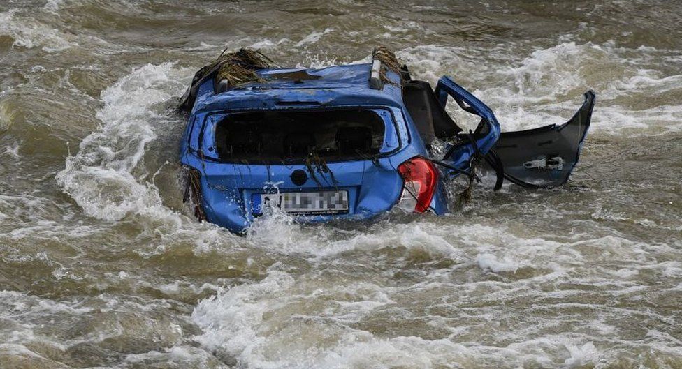 Wrecked car in flooded Altenahr, 19 Jul 21