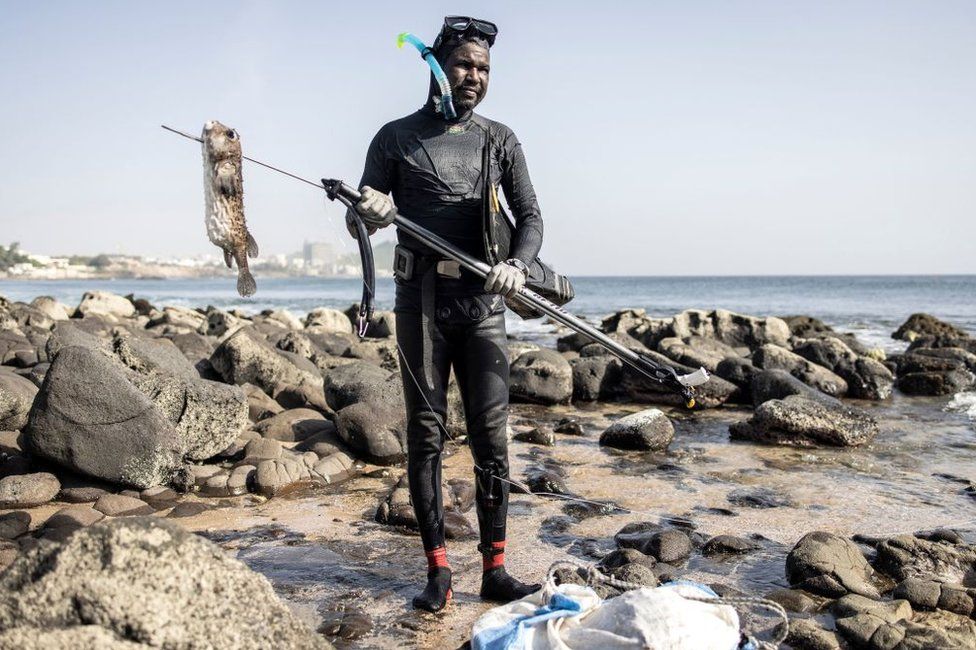 Ibrahim, a spear-fisherman, poses for a portrait along the coastline of Dakar.