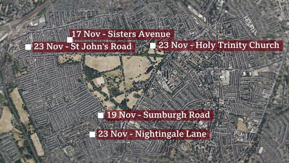 A map showing the locations of the incidents in November, which all surround Clapham Common