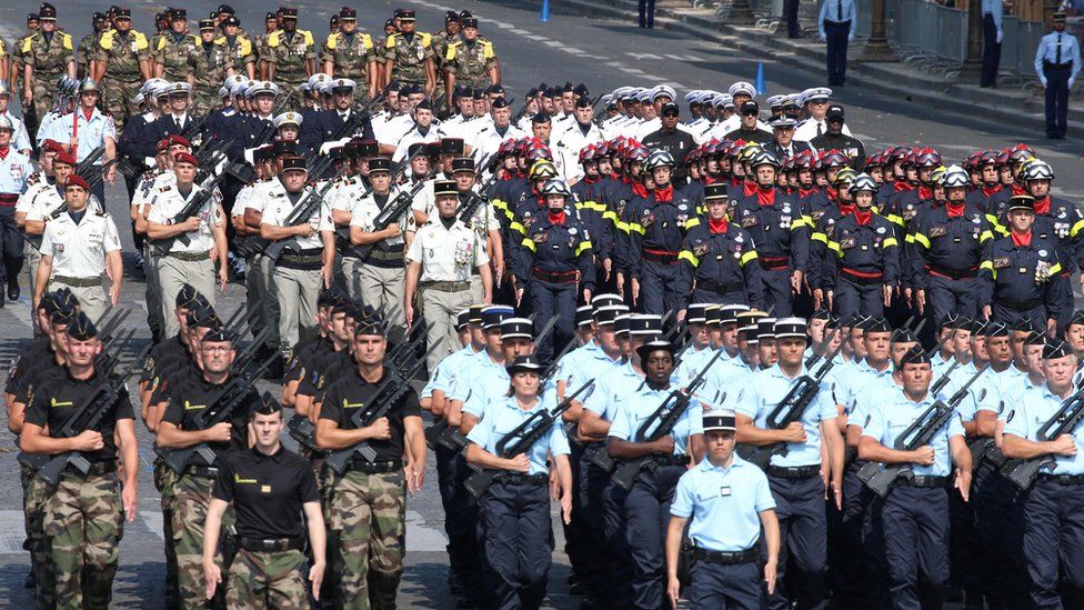 Gendarmes, firefighters and other units march