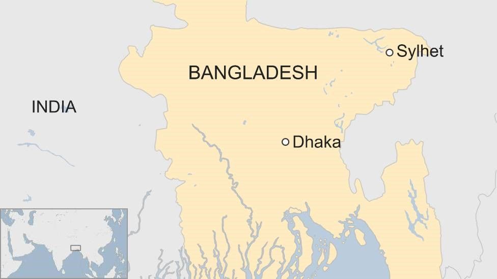 Map of Bangladesh showing Sylhet in the north east and Dhaka in the centre east