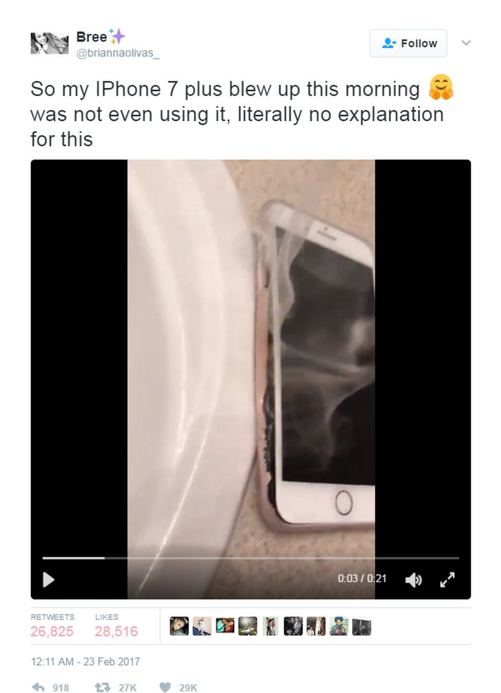 @BriannaOlivas_ tweeted: "So my iPhone 7 plus blew up this morning. I was not even using it, literally no explanation for this".