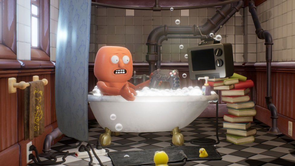A character from Trover Saves the Universe sits in a bathtub