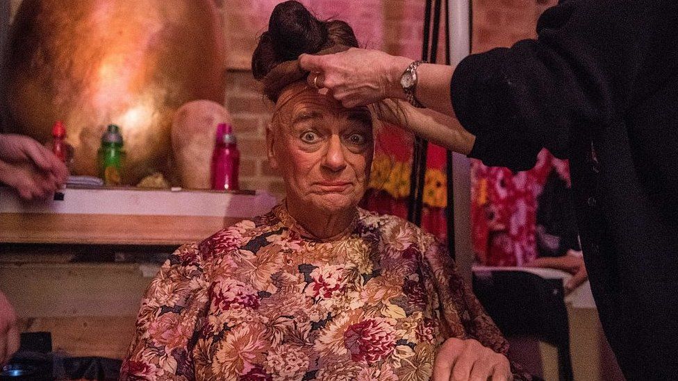 Roy Hudd as Mother Goose in the pantomime of the same name at Wilton's Music Hall in London in 2016